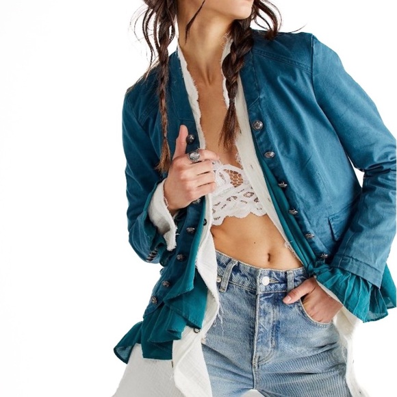 Free People Jackets & Blazers - Free People Ruffle Romance Blazer in Deep Teal Size M